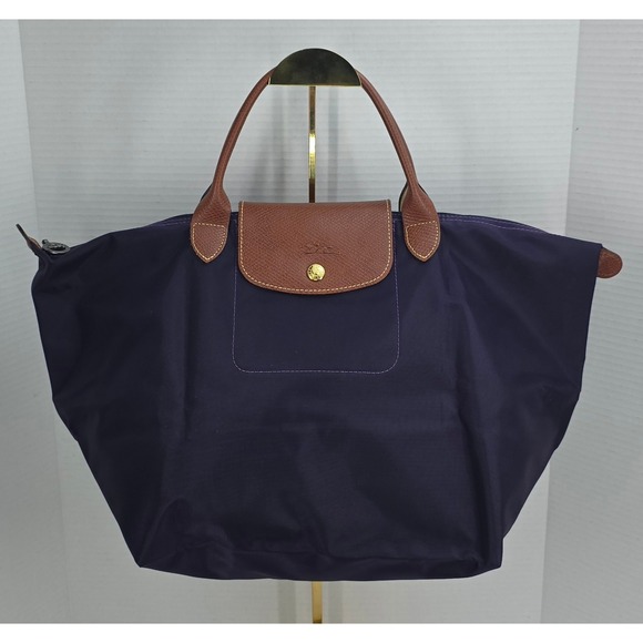 Longchamp Handbags - Longchamp Le Pliage‎ Type M Purple Nylon Tote Bag Brown Leather Trim France 1623
